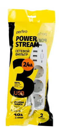 Perfeo сетевой фильтр "POWER STREAM", 2500W, двойная защита, 2м, 3 розетки, 3 USB, белый.