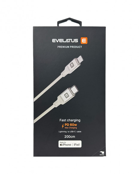 Usb Кабель-зарядка Type-C на Lightning Evelatus 60W 2м в тканевой оплетке белый