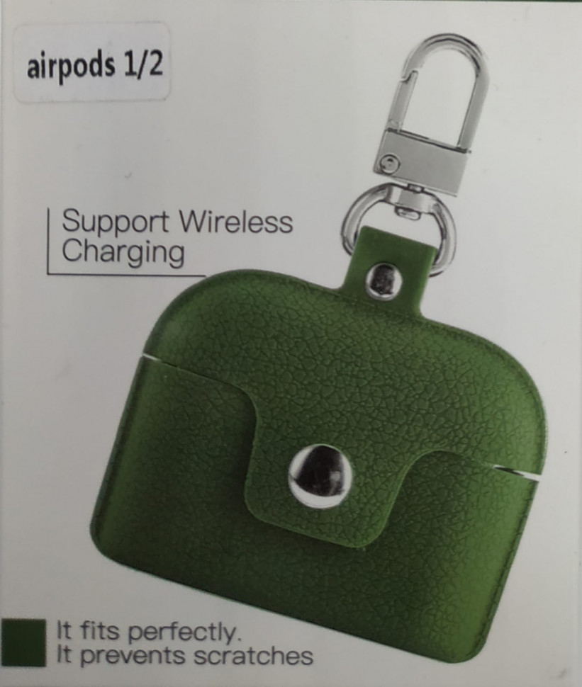 Силиконовый чехол для AirPods 1/2 с кнопкой и карабином зеленый