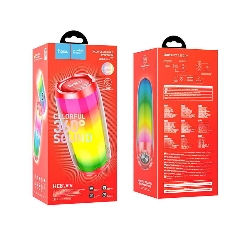 Bluetooth колонка Hoco Colorful TWS Speaker HC8 BT5.0/1800mAh/4ч/10Вт/TF/FM/USB/AUX красная