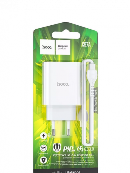 Сетевое зар. устр. Hoco C97A с шнуром Type-C на Type-C 1USB/1С PD3.0/QC3.0 20W/18W белое