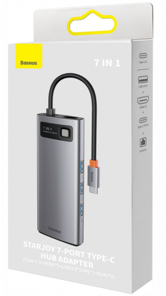 USB-C хаб Baseus Metal Gleam 7в1 3USB/2HDMI/USB-C/RJ45 (WKWG040113) серый