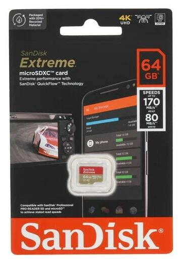 micro SDXC карта памяти SanDisk 64GB Class10 Extreme UHS-I U3 (170 Mb/s) без адаптера SDSQXAH-064G-G