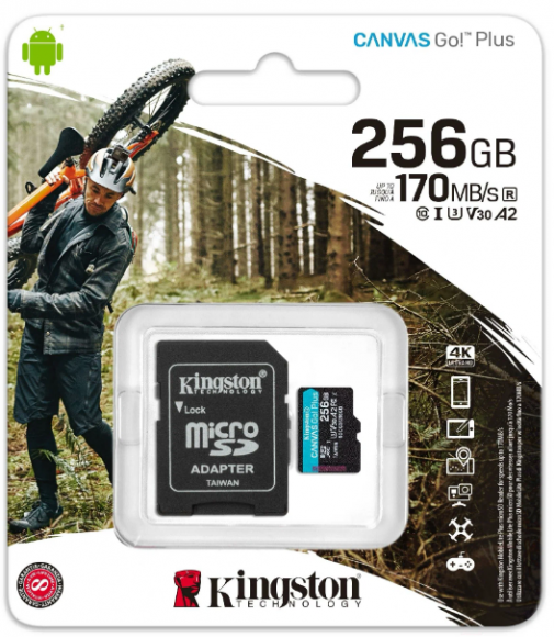 micro SDXC карта памяти Kingston 256GB Class10 170R A2 U3 V30 Canvas Go Plus с адапт.(SDCG3/256GB)