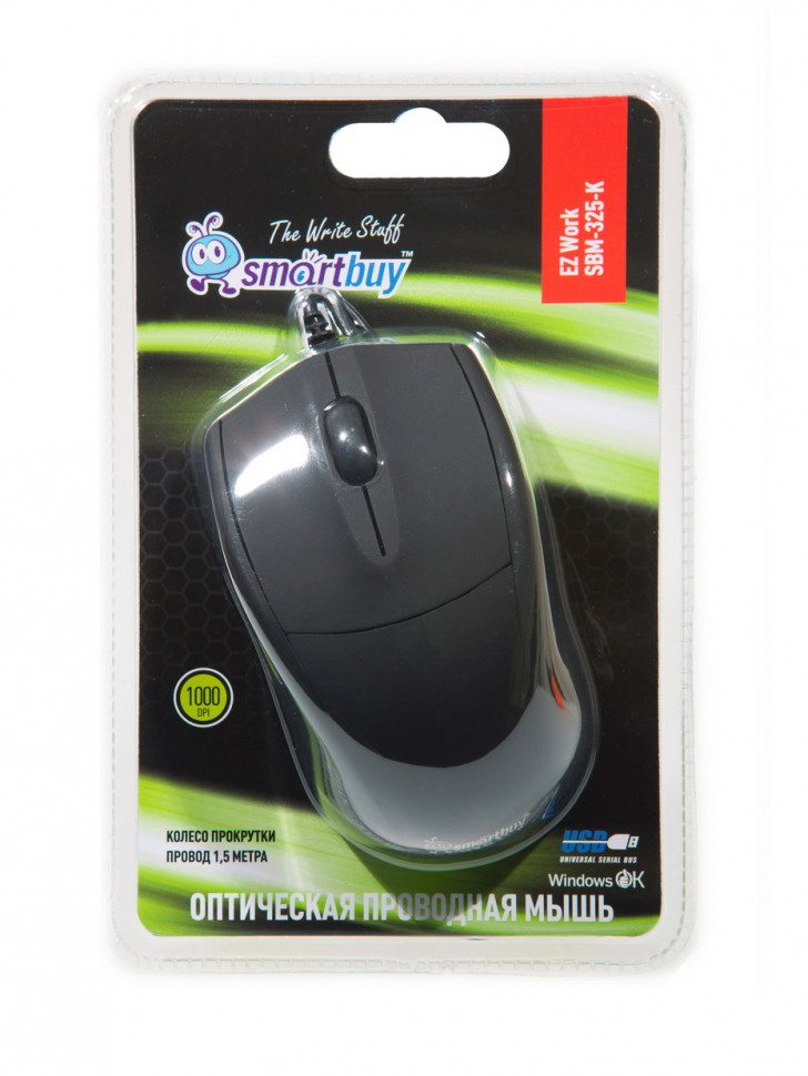 Мышь проводная Smartbuy 325 USB/DPI 1000/3 кнопки/1.5м черная (SBM-325-K)