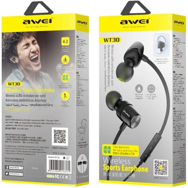Bluetooth-гарнитура Awei WT30 Wireless Sports IPX4 V4.2 магнитный двойной аккумулятор чёрный