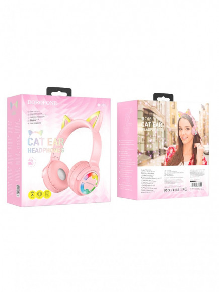 Стереонаушники Bluetooth Полноразмерные Borofone B015 Cat Ear розовые