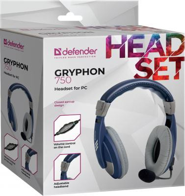 Стереонаушники Полноразмерные Defender Gryphon 750 с микрофоном 2м синие
