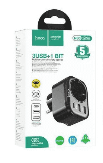 Многофункциональная розетка/Сетевой фильтр HOCO NS3, 1 гнездо + USB-C(PD 20W) + 2USB QC3.0 18W, Черный
