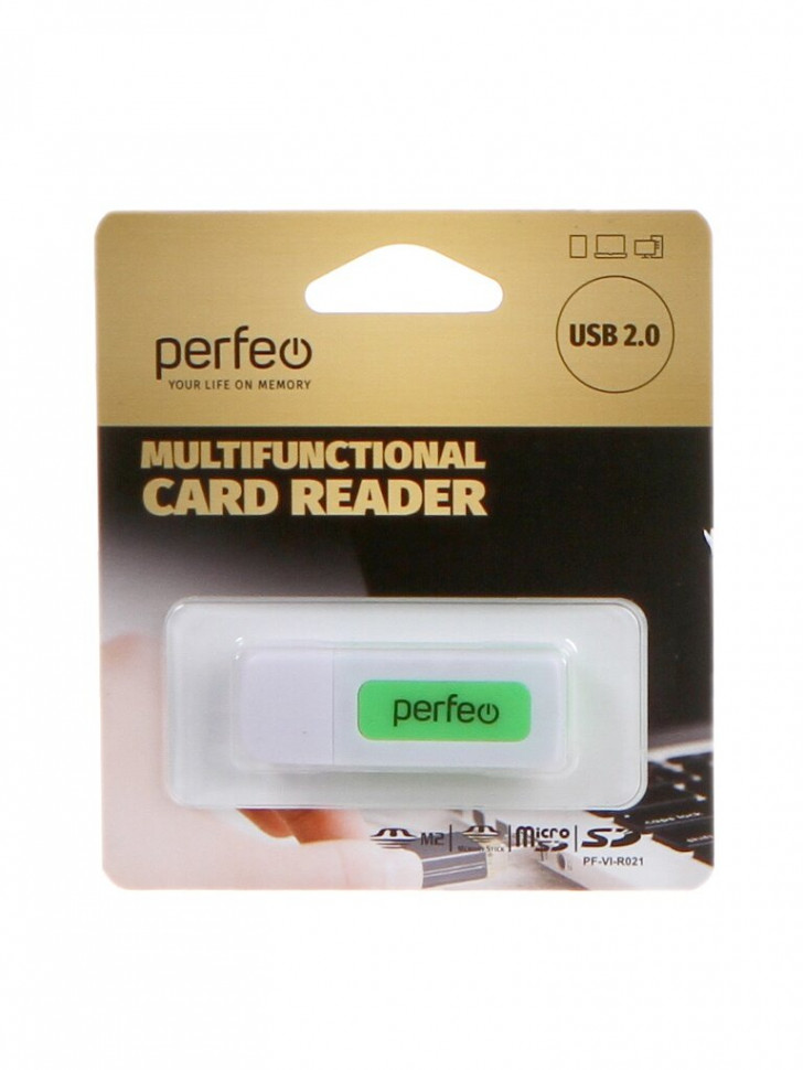 Картридер USB2.0 MicroSD/SD/MMC/MS/M2 Perfeo (PF-VI-R021) бело-зеленый