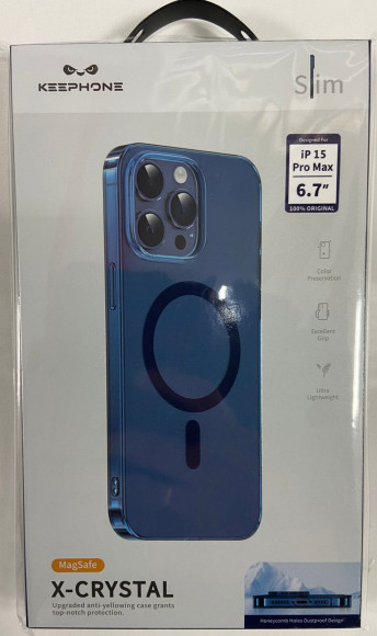 Накладка для i-Phone 15 Pro Max Keephone X-Crystal Magsafe синии прозрачный