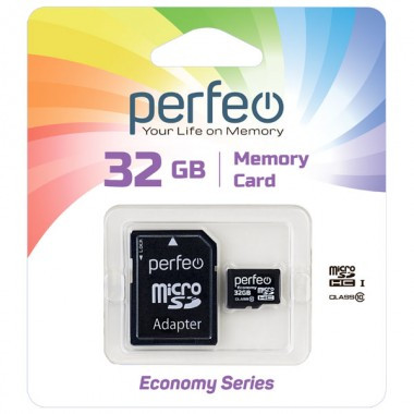micro SDHC карта памяти Perfeo 32GB High-Capacity (Class 10), с адаптером economy series
