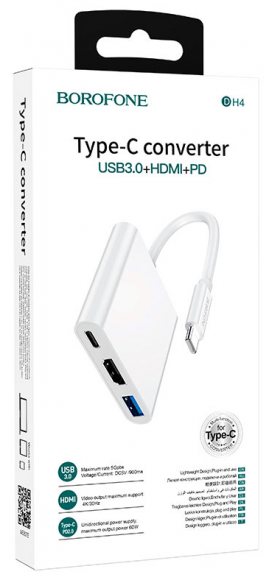 OTG TYPE-C на USB3.0+HDMI+TYPE-C Borofone DH4, белый