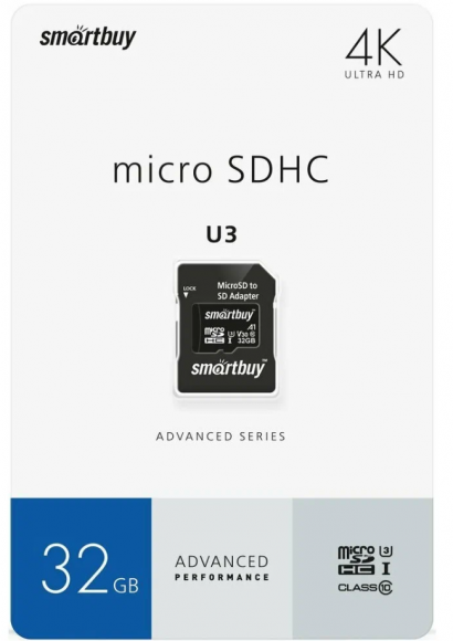micro SDHC карта памяти Smartbuy 32GB U3 V30 A1 Advanced R/W up to 90/55 (с адап SD)(SB32GBSDU1A-AD)