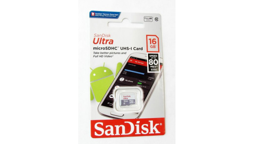 micro SDHC карта памяти SanDisk 16GB Class10 UHS-I Ultra Android 80MB/s без ад. (SDSQUNS-016G-GN3MN)