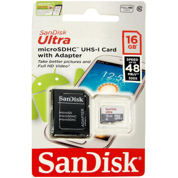 micro SDHC карта памяти SanDisk 16GB Class 10 UHS-I Ultra 80MB/s с адапт. (SDSQUNS-016G-GN3MA)