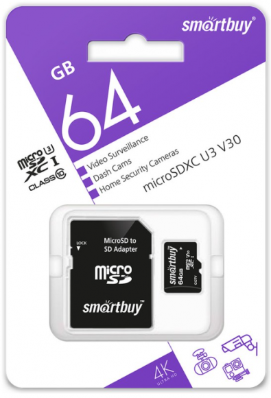 micro SDXC карта памяти Smartbuy 64GB U3 V30 с адапт (SB64GBSDXC10U3)