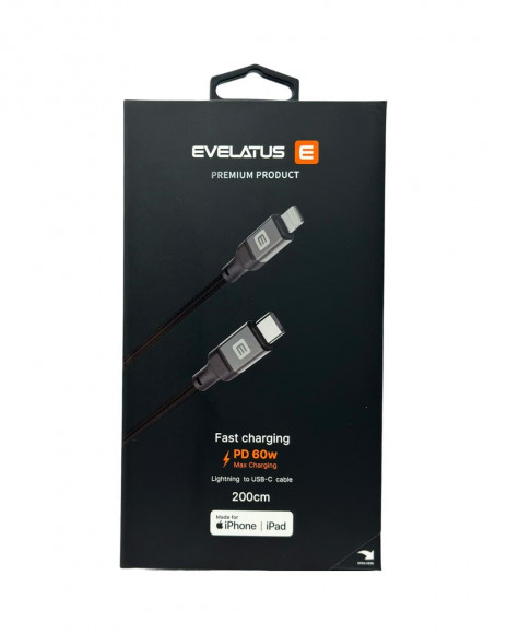 Usb Кабель-зарядка Type-C на Lightning Evelatus 60W 2м в тканевой оплетке черный