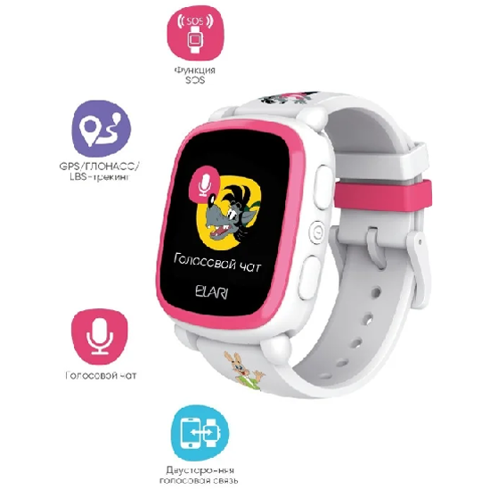 Детские часы Elari KidPhone <Ну погоди> 1.4"/128х128/450mAh/72ч/Micro-SIM/2G бело-розовые
