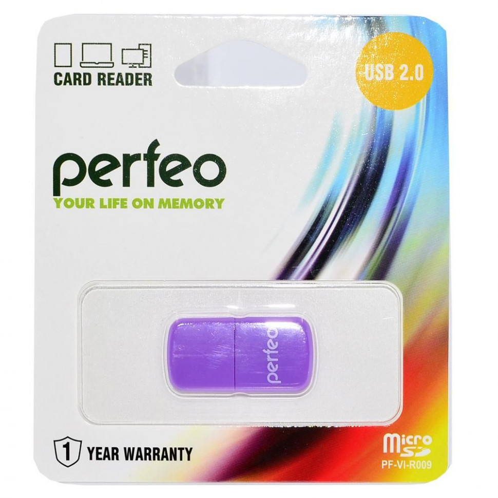 Картридер USB2.0 MicroSD Perfeo (PF-VI-R009) фиолетовый