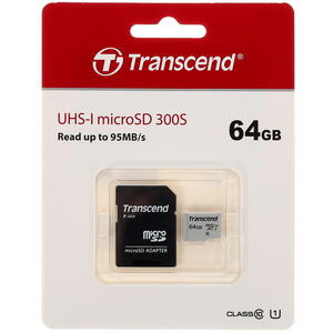 micro SDHC карта памяти Transcend 300S 64GB Class 10 UHS-I 100MB/s с адаптером