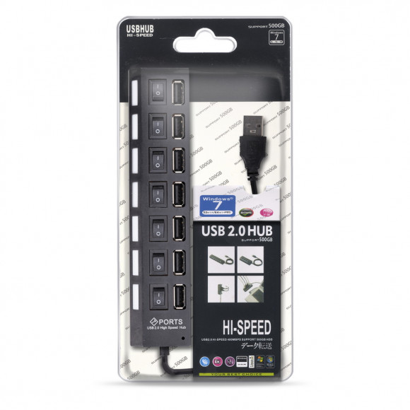 USB-HUB с выключателями, 7 портов, СуперЭконом, черный, SBHA-7207-B