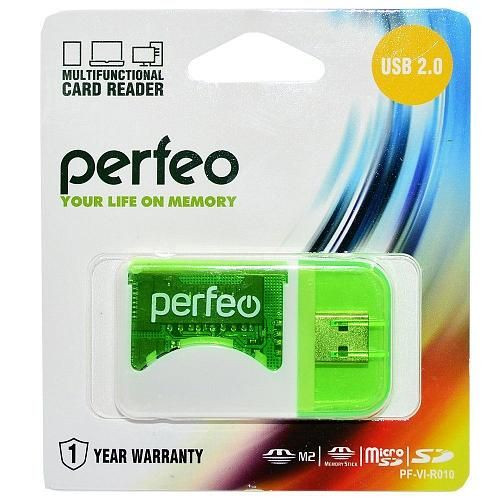 Картридер USB2.0 MicroSD/SD/MMC/MS/M2 Perfeo (PF-VI-R010) зеленый