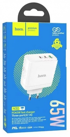 Сетевое зарядное устройство Hoco N30 GaN 1USB/2USB-С 65W белое