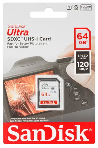 SDXC карта памяти SanDisk 64GB Class 10 UHS-1 Ultra 120MB/s (SDSDUN4-064G-GN6iN)