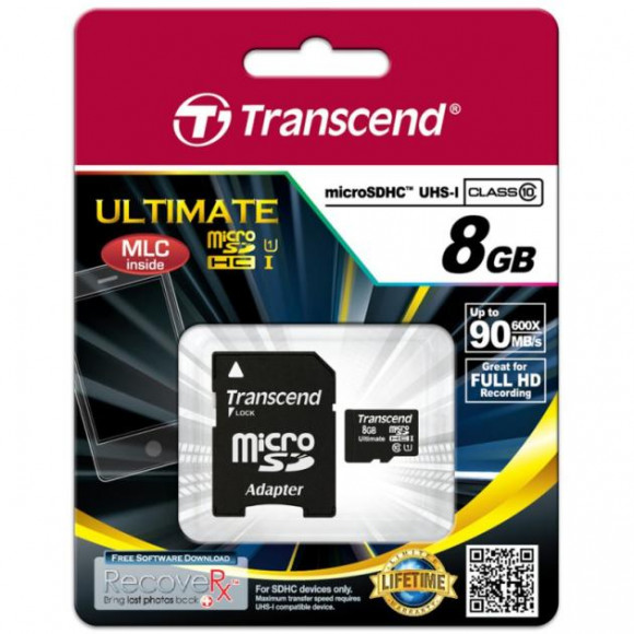 micro SDHC карта памяти Transcend 8GB Class 10 UHS-I (с адаптером SD)
