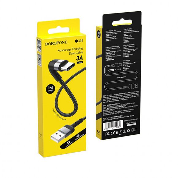 Usb Кабель-зарядка Type-C Borofone BX34 Advantage 2.4A 1м в нейлоновой оплётке чёрный