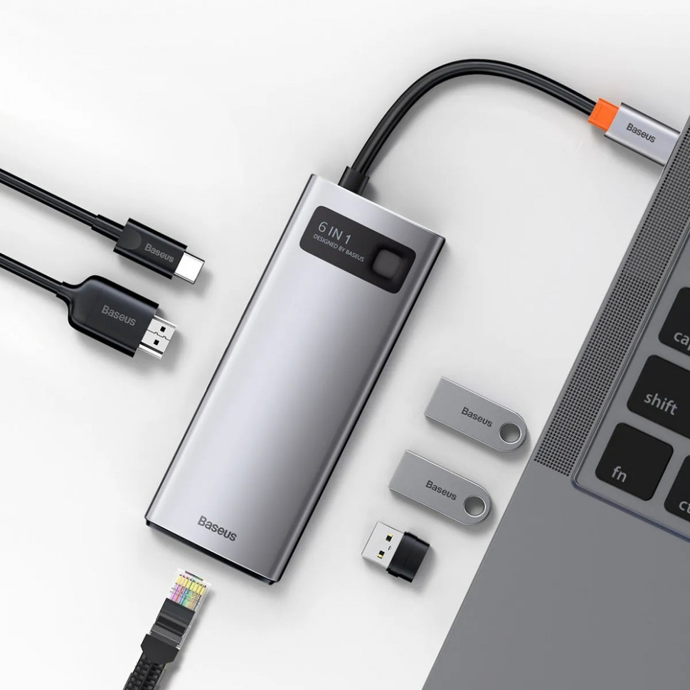 USB-C хаб Baseus Metal Gleam 6в1 3USB/HDMI/USB-C/Ethernet (CAHUB-CW0G) серый