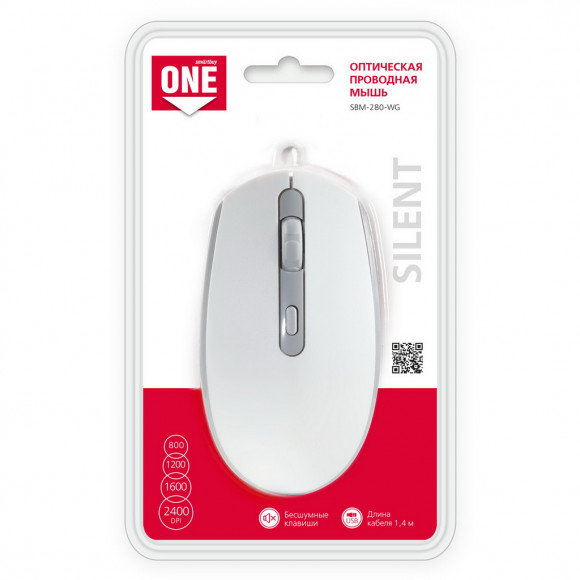 Мышь проводная Smartbuy ONE 280 USB/DPI 800-1200-1600-2400/4 кнопки/1.4м бело-серая (SBM-280-WG)