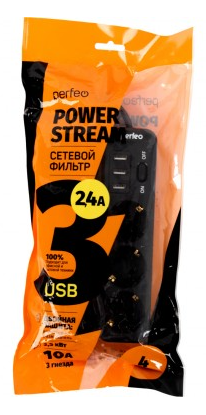 Perfeo сетевой фильтр "POWER STREAM", 2500W, двойная защита, 4м, 3 розетки, 3 USB, черный.
