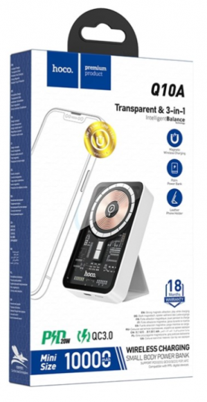 Беспроводное зарядное устройство, внешний аккумулятор 3 в 1 20Вт/Hoco Q10A MagSafe Transparent 3-in-1 (10000mAh)