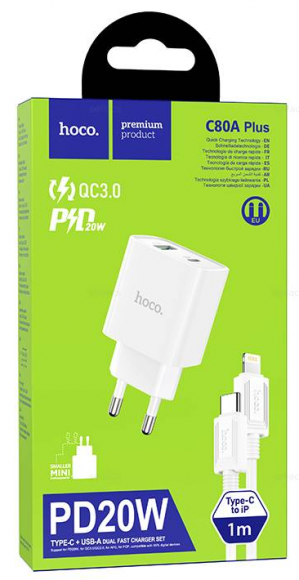 Сетевое зарядное устройство Hoco C80A Plus с шнуром Type-C на Lightning 1USB/1С PD3.0/QC3.0 3A 20W белое