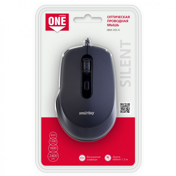 Мышь проводная беззвучная Smartbuy ONE 265 USB/DPI 800-1200-1600-2400/4 кнопки/1.5м черная (SBM-265-