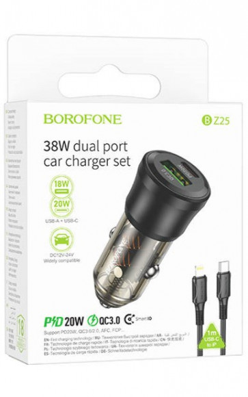 Автомобильное заряд. устр. Borofone BZ25 1USB/1USB-C с кабелем C-C PD20W+QC3.0 38W черное